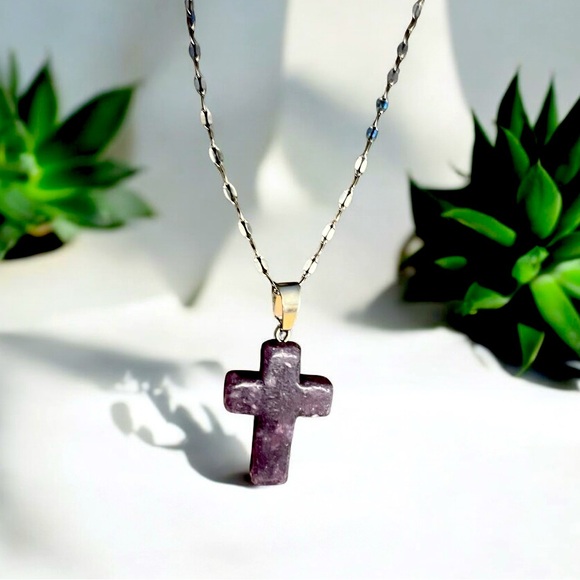 Hand Crafted Jewelry - Amethyst Cross Pendant on Stainless Steel Chain